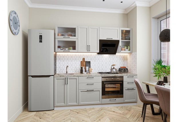 Кухонный гарнитур Сканди-02 Grey Silkwood, Белый 220 см, столешница Редондо