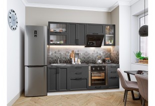 Кухонный гарнитур Сканди-02 Stormy Silkwood, Белый 220 см, столешница Черный детройт