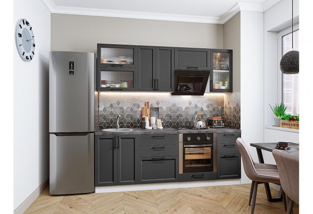Кухонный гарнитур Сканди-02 Stormy Silkwood, Белый 220 см, столешница Черный детройт