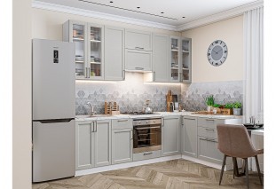 Кухонный гарнитур Сканди-04 Grey Silkwood, Белый 265/159 см, столешница Пирит светлый