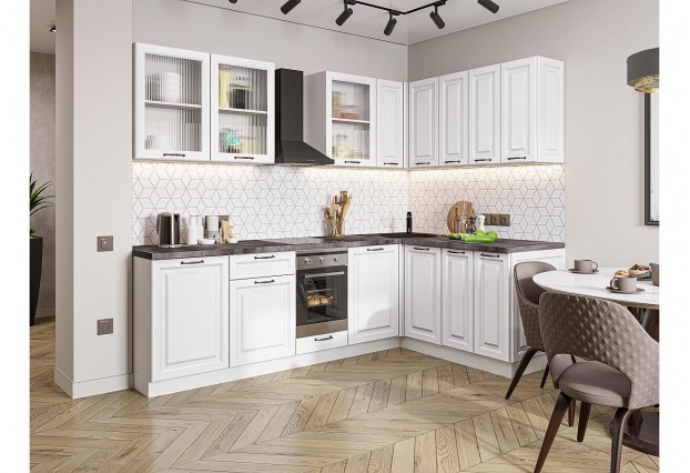 Кухонный гарнитур Ницца Royal-02 Blanco, Белый 255/160 см, столешница Черный детройт