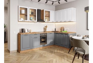 Кухонный гарнитур Ницца Royal-02 Blanco/Magnum, Дуб Вотан 255/160 см, столешница Дуб натуральный