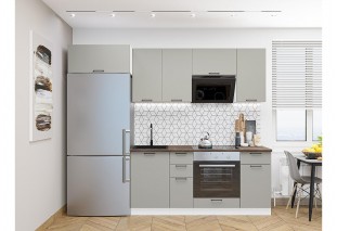 Кухонный гарнитур Флэт-01 Light Grey In 2S, Белый 260 см, столешница Дуб табак