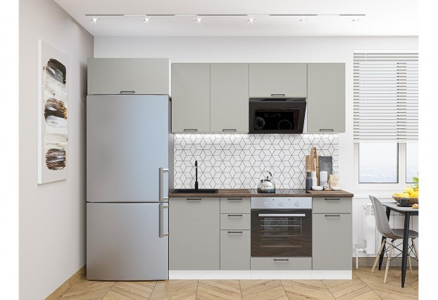 Кухонный гарнитур Флэт-01 Light Grey In 2S, Белый 260 см, столешница Дуб табак