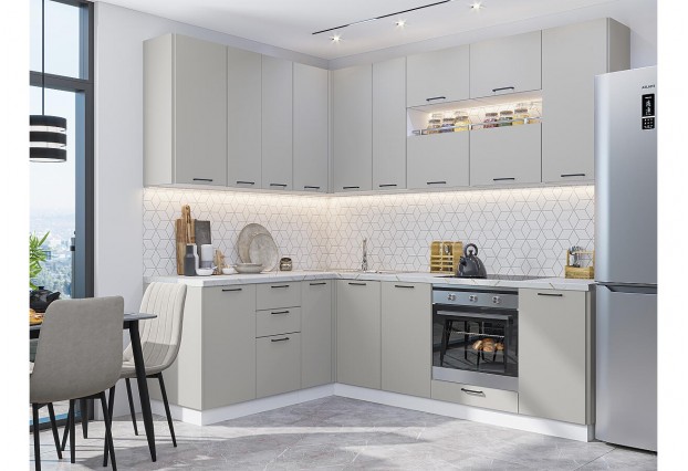 Кухонный гарнитур Флэт-02 Light Grey In 2S, Белый 170/240 см, столешница Пирит светлый
