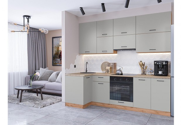 Кухонный гарнитур Флэт-04 Light Grey In 2S, Дуб Вотан 100/250 см, столешница Дуб сонома