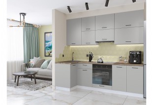 Кухонный гарнитур Флэт-04 Light Grey In 2S, Белый 100/250 см, столешница Дуб табак