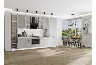 Кухонный гарнитур Фрейм-06 Grey Silk, Белый 340 см, столешница Гранит белый