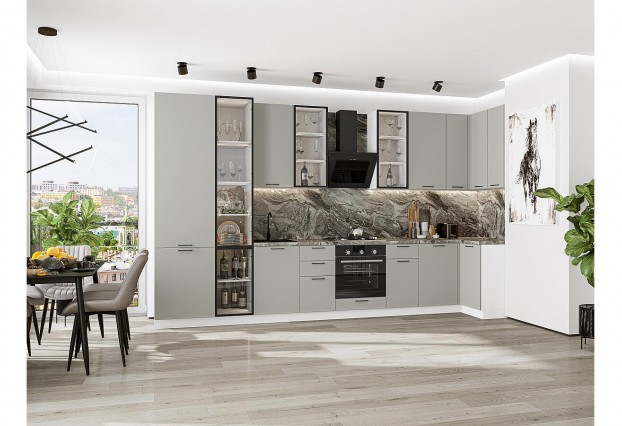 Кухонный гарнитур Флэт-05 Light Grey In 2S, Белый 400/100 см, столешница Мрамор горный