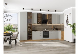 Кухонный гарнитур Флэт-05 Light Grey In 2S, Дуб Вотан 400/100 см, столешница Дуб табак