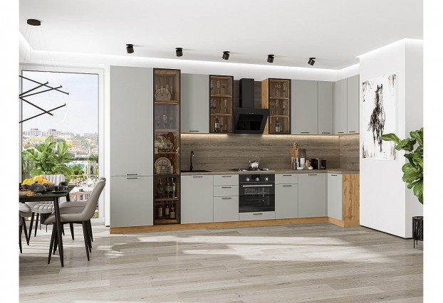 Кухонный гарнитур Флэт-05 Light Grey In 2S, Дуб Вотан 400/100 см, столешница Дуб табак