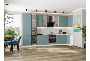 Кухонный гарнитур Флэт-05 Grey-green In 2S, Белый 400/100 см, столешница Пирит светлый