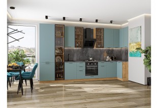 Кухонный гарнитур Флэт-05 Grey-green In 2S, Дуб Вотан 400/100 см, столешница Черный детройт