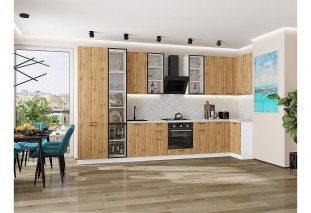 Кухонный гарнитур Флэт-05 Wotan Oak 2S, Белый 400/100 см, столешница Пирит светлый