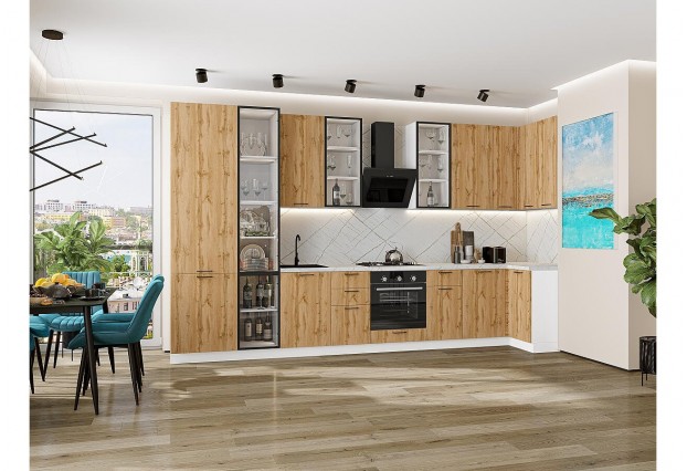Кухонный гарнитур Флэт-05 Wotan Oak 2S, Белый 400/100 см, столешница Пирит светлый