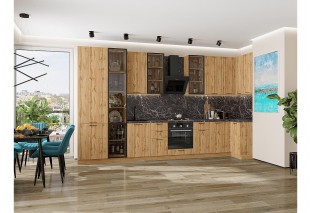 Кухонный гарнитур Флэт-05 Wotan Oak 2S, Дуб Вотан 400/100 см, столешница Мрамор черный