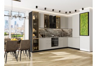 Кухонный гарнитур Квадро-04 Кашемир, Graphite 340/160 см, столешница Мрамор горный