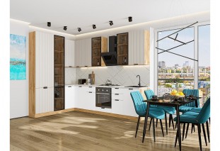 Кухонный гарнитур Евро Лайн-07 Агат/Белый, Дуб Вотан 200/300 см, столешница Пирит светлый