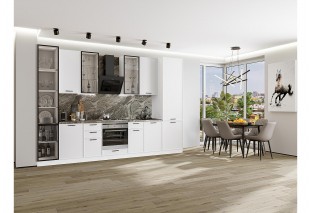 Кухонный гарнитур Фрейм-06 White Silk, Белый 340 см, столешница Мрамор горный, со стеклянными полками