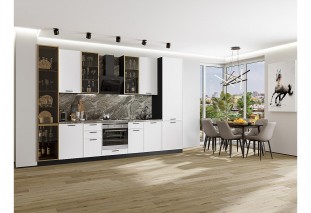 Кухонный гарнитур Фрейм-06 White Silk, Graphite 340 см, столешница Мрамор горный, со стеклянными полками