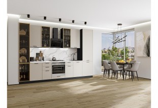 Кухонный гарнитур Фрейм-06 Cream Silk, Graphite 340 см, столешница Гранит белый, со стеклянными полками