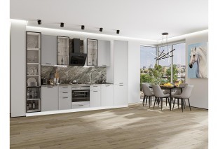 Кухонный гарнитур Фрейм-06 Grey Silk, Белый 340 см, столешница Мрамор горный, со стеклянными полками