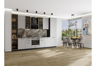 Кухонный гарнитур Фрейм-06 Grey Silk, Graphite 340 см, столешница Мрамор горный, со стеклянными полками