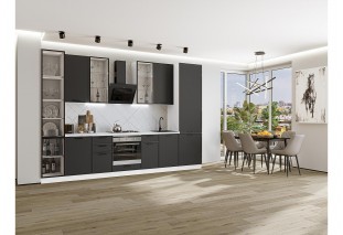 Кухонный гарнитур Фрейм-06 Stormy Silk, Белый 340 см, столешница Пирит светлый, со стеклянными полками