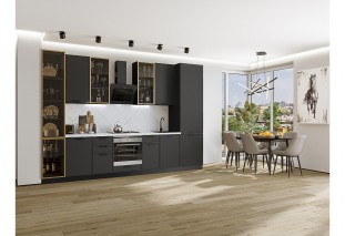 Кухонный гарнитур Фрейм-06 Stormy Silk, Graphite 340 см, столешница Пирит светлый, со стеклянными полками