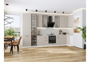 Кухонный гарнитур Флэт-05 Cashmere In 2S, Белый 400/100 см, столешница Пирит светлый, со стеклянными полками