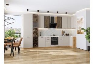 Кухонный гарнитур Флэт-05 Cashmere In 2S, Дуб Вотан 400/100 см, столешница Пирит светлый, со стеклянными полками