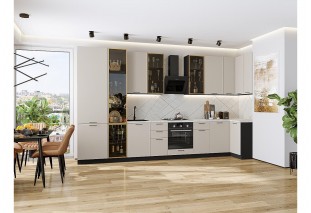 Кухонный гарнитур Флэт-05 Cashmere In 2S, Graphite 400/100 см, столешница Пирит светлый, со стеклянными полками