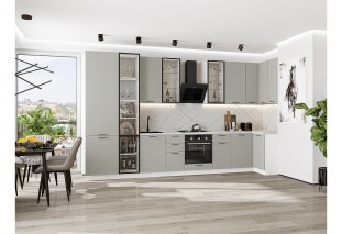 Кухонный гарнитур Флэт-05 Light Grey In 2S, Белый 400/100 см, столешница Пирит светлый, со стеклянными полками