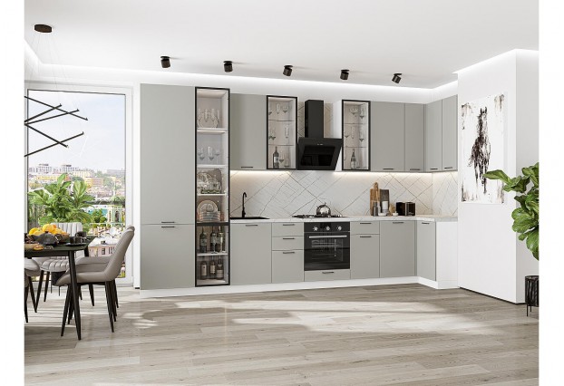 Кухонный гарнитур Флэт-05 Light Grey In 2S, Белый 400/100 см, столешница Пирит светлый, со стеклянными полками