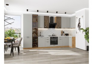 Кухонный гарнитур Флэт-05 Light Grey In 2S, Дуб Вотан 400/100 см, столешница Пирит светлый, со стеклянными полками