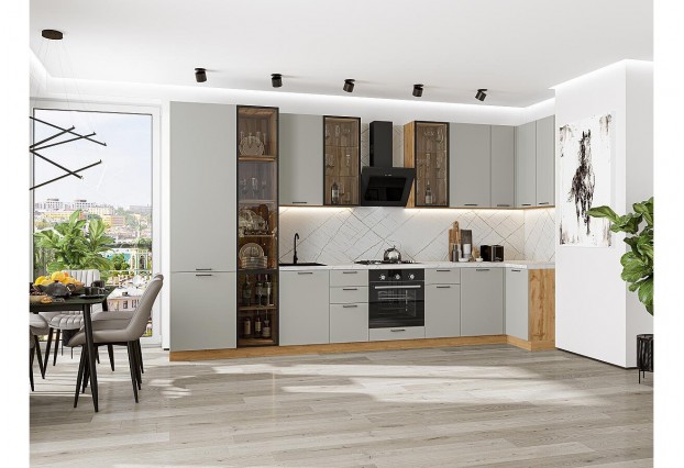Кухонный гарнитур Флэт-05 Light Grey In 2S, Дуб Вотан 400/100 см, столешница Пирит светлый, со стеклянными полками
