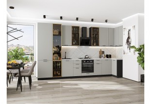 Кухонный гарнитур Флэт-05 Light Grey In 2S, Graphite 400/100 см, столешница Пирит светлый, со стеклянными полками