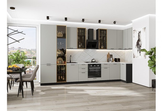 Кухонный гарнитур Флэт-05 Light Grey In 2S, Graphite 400/100 см, столешница Пирит светлый, со стеклянными полками