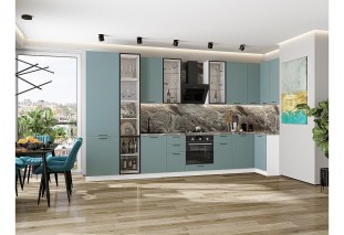 Кухонный гарнитур Флэт-05 Grey-green In 2S, Белый 400/100 см, столешница Мрамор горный, со стеклянными полками