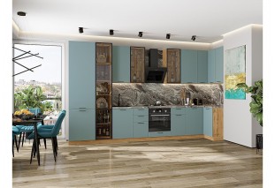 Кухонный гарнитур Флэт-05 Grey-green In 2S, Дуб Вотан 400/100 см, столешница Мрамор горный, со стеклянными полками
