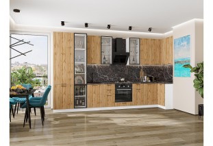 Кухонный гарнитур Флэт-05 Wotan Oak 2S, Белый 400/100 см, столешница Мрамор черный, со стеклянными полками