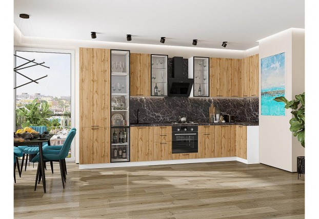 Кухонный гарнитур Флэт-05 Wotan Oak 2S, Белый 400/100 см, столешница Мрамор черный, со стеклянными полками