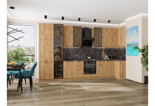 Кухонный гарнитур Флэт-05 Wotan Oak 2S, Дуб Вотан 400/100 см, столешница Мрамор черный, со стеклянными полками