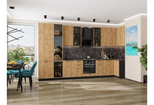 Кухонный гарнитур Флэт-05 Wotan Oak 2S, Graphite 400/100 см, столешница Мрамор черный, со стеклянными полками