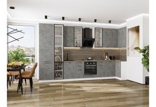 Кухонный гарнитур Флэт-05 Temple Stone 2S, Белый 400/100 см, столешница Дуб табак, со стеклянными полками
