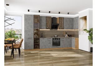 Кухонный гарнитур Флэт-05 Temple Stone 2S, Дуб Вотан 400/100 см, столешница Дуб табак, со стеклянными полками