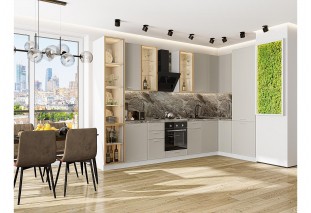 Кухонный гарнитур Квадро-04 Кашемир, Белый 340/160 см, столешница Мрамор горный, со стеклянными полками