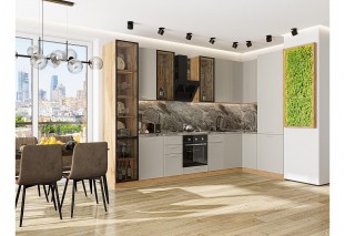 Кухонный гарнитур Квадро-04 Кашемир, Дуб Вотан 340/160 см, столешница Мрамор горный, со стеклянными полками