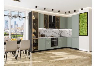 Кухонный гарнитур Квадро-04 Аквамарин, Graphite 340/160 см, столешница Гранит белый, со стеклянными полками