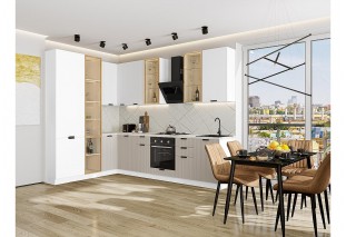 Кухонный гарнитур Евро Лайн-07 Белый/Агат, Белый 200/300 см, столешница Пирит светлый, со стеклянными полками
